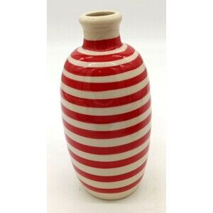 Handmade Beneoliva Spain Red & Beige Striped Ceramic Olive Oil Bottle Vase 7.75"